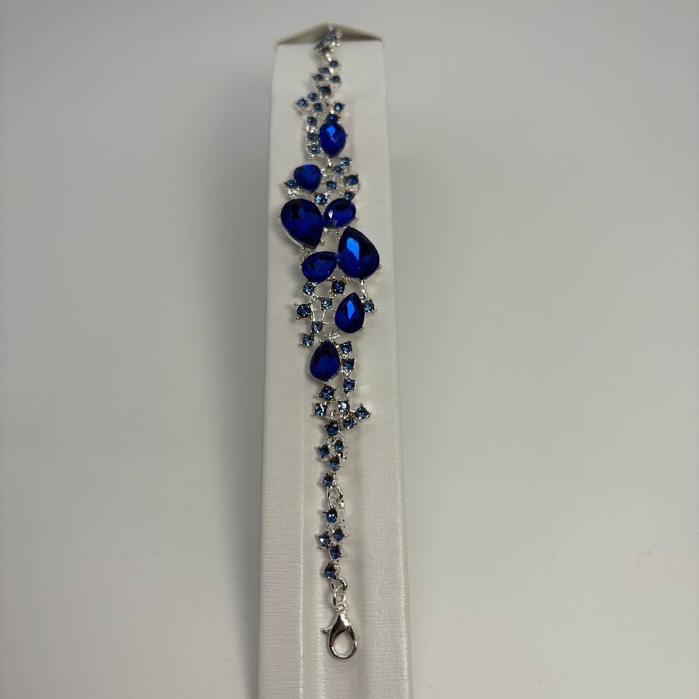 Blue Sapphire Crystal Rhinestone Teardrop Bridal Party Silver Tone Bracelet
